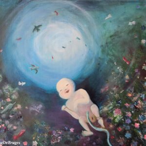 Peinture acrylique intitulée "D’un monde à l’autre", une œuvre émotion de LiseDeBruges sur la naissance et la tendresse mère-enfant.