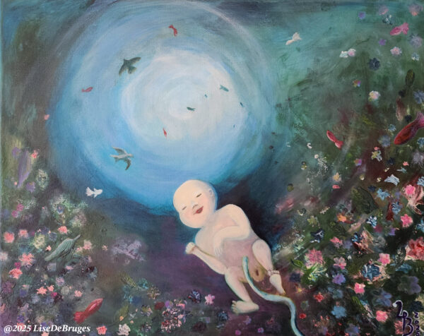 Peinture acrylique intitulée "D’un monde à l’autre", une œuvre émotion de LiseDeBruges sur la naissance et la tendresse mère-enfant.