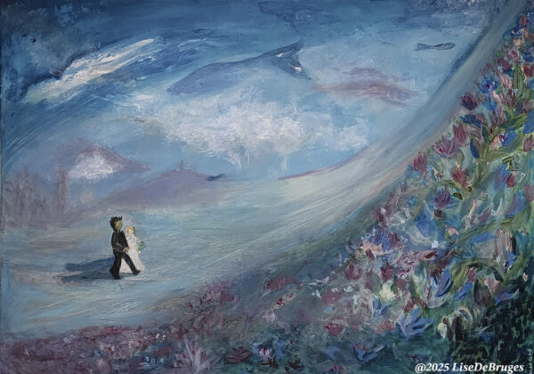 Peinture acrylique de LiseDeBruges représentant un couple de mariés dans une atmosphère onirique, symbole d’amour et d’union éternelle.