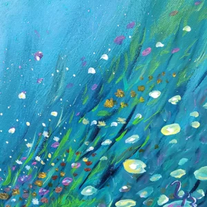 gros plan sur les fleurs en bas à droite du tableau "Montons à la colline"